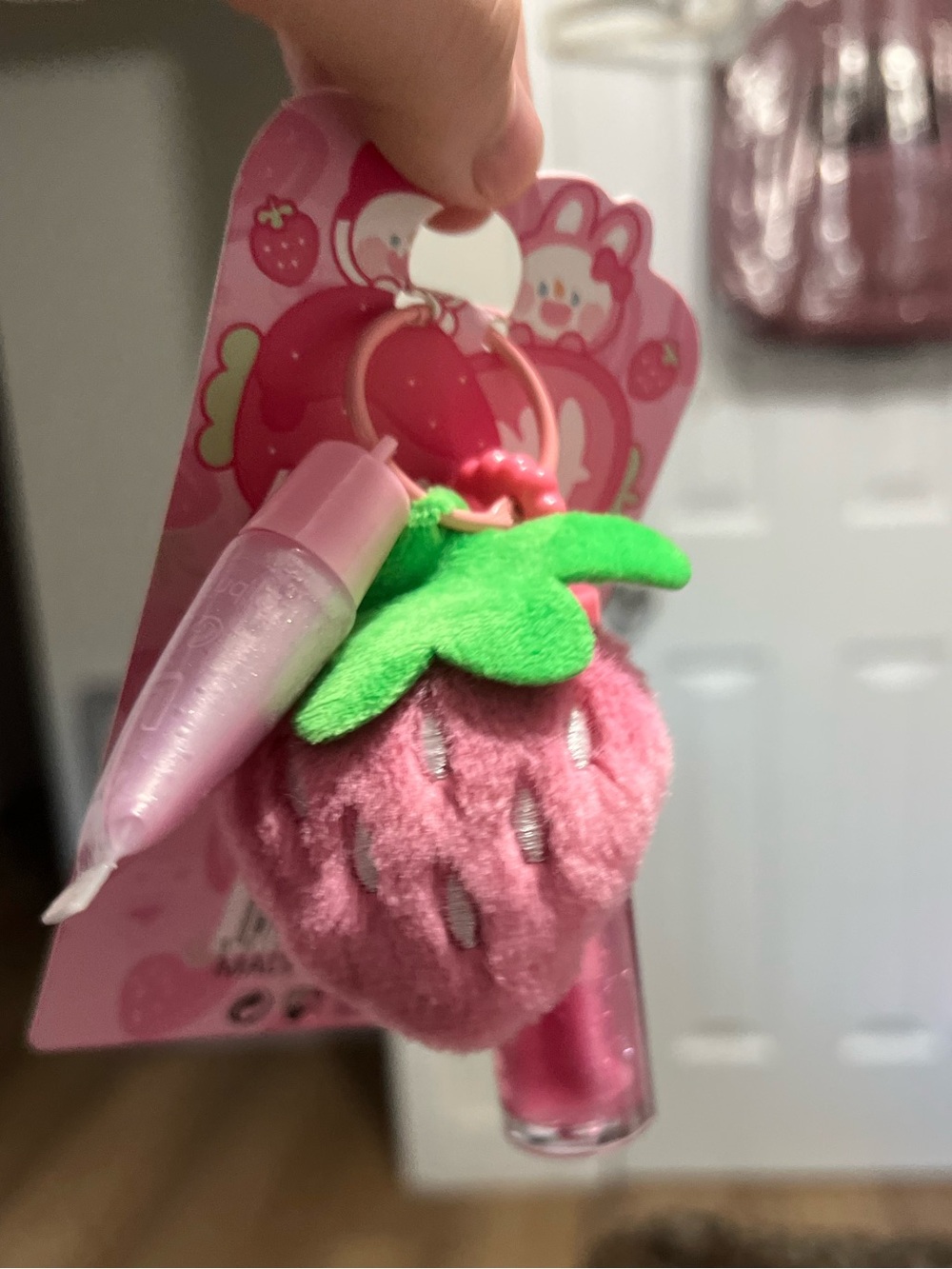 Strawberry Plush Keychain Lip Gloss Set - Classic Pink